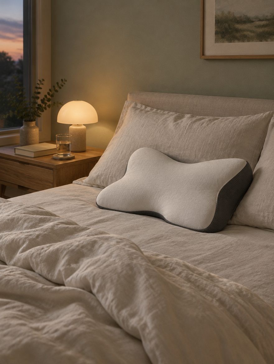 A calm bedroom at dusk: linen bedding, a warm bedside lamp and the Contour Pillow at the head of the bed
