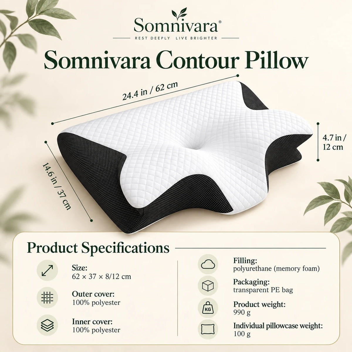 Black Contour Pillow with dimensions 62 x 37 cm and the specification table