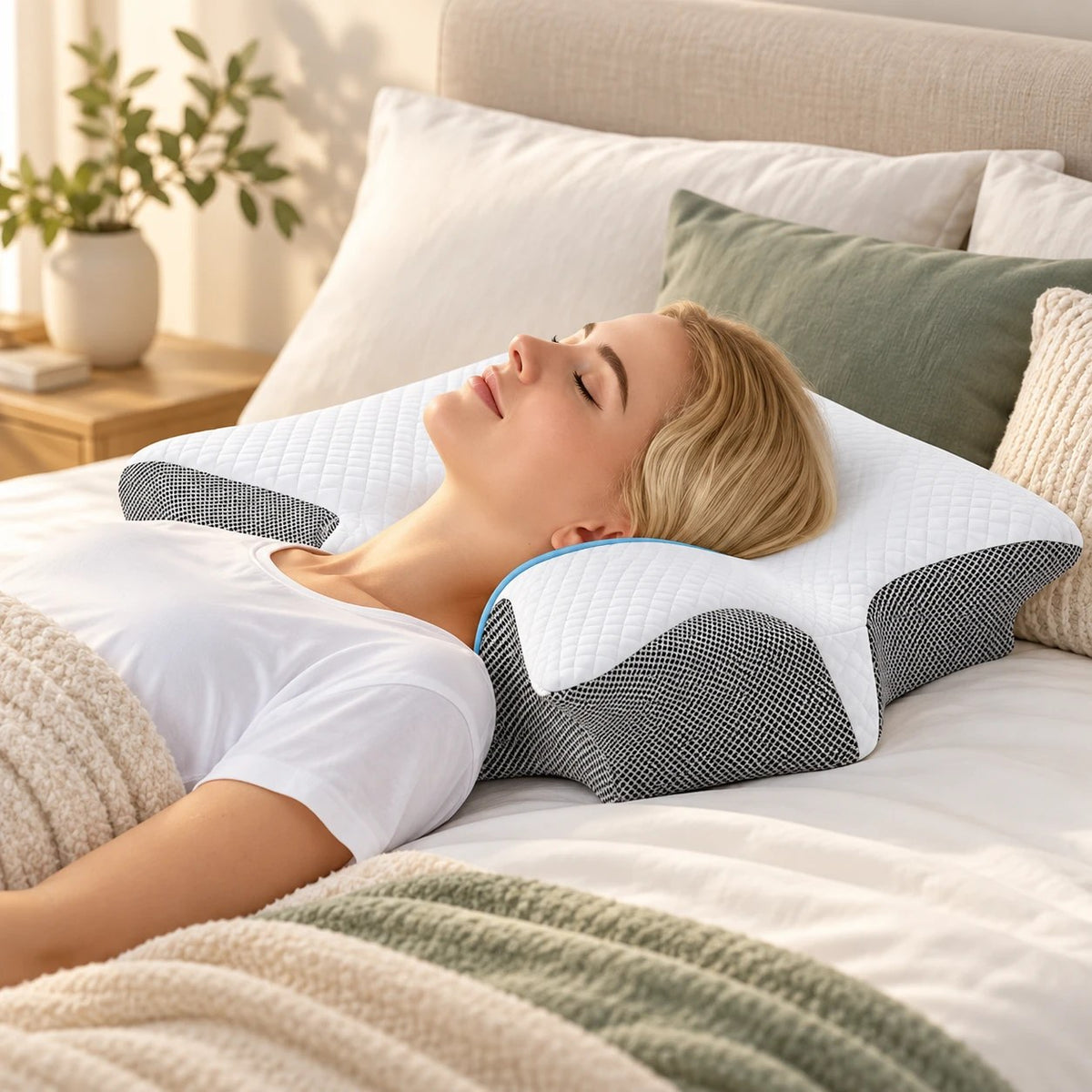 A person resting on their back on the Light Gray Contour Pillow