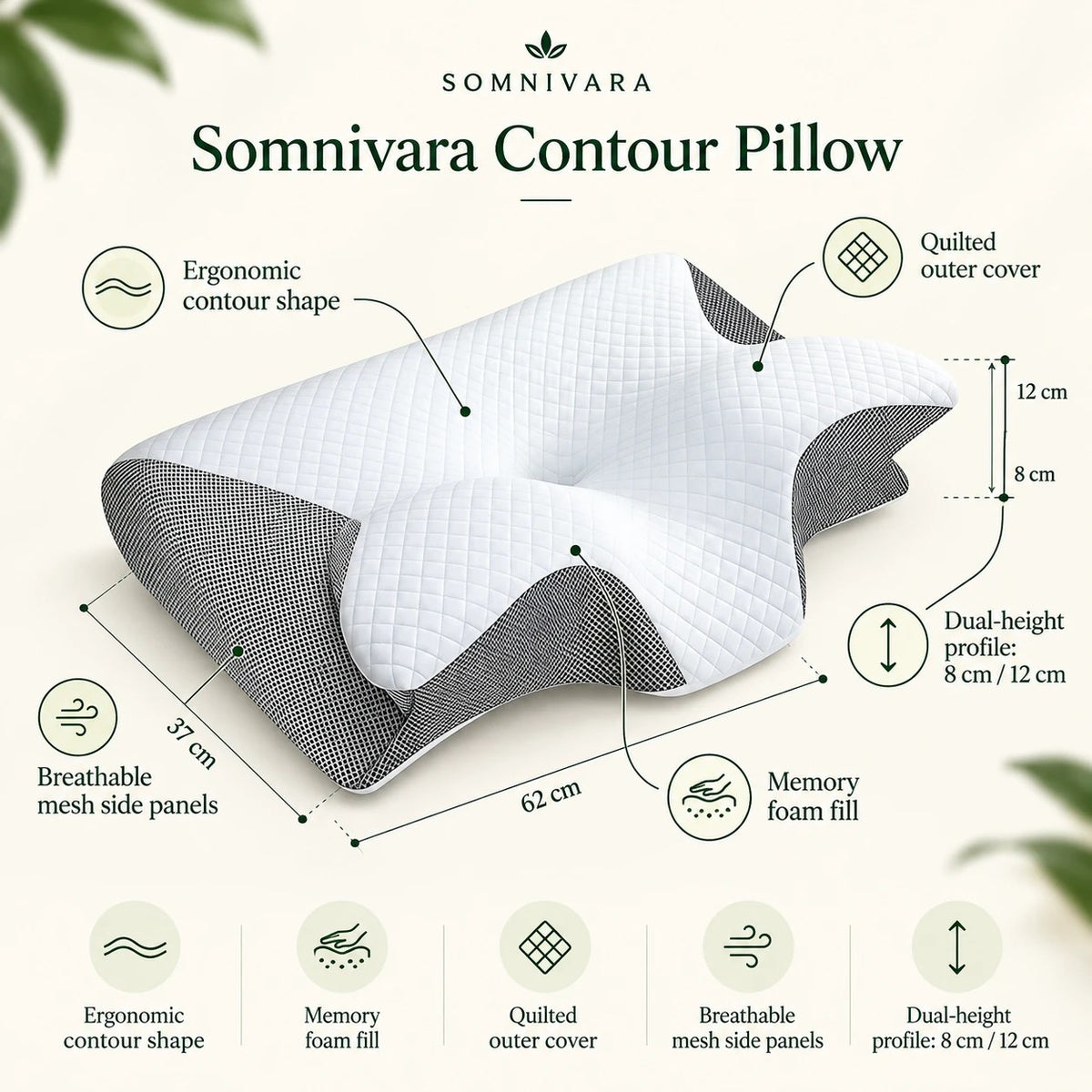Light Gray Contour Pillow with feature callouts and dimensions