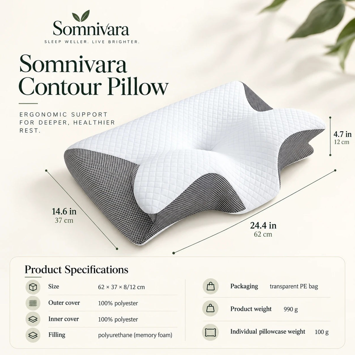 Light Gray Contour Pillow with the specification table
