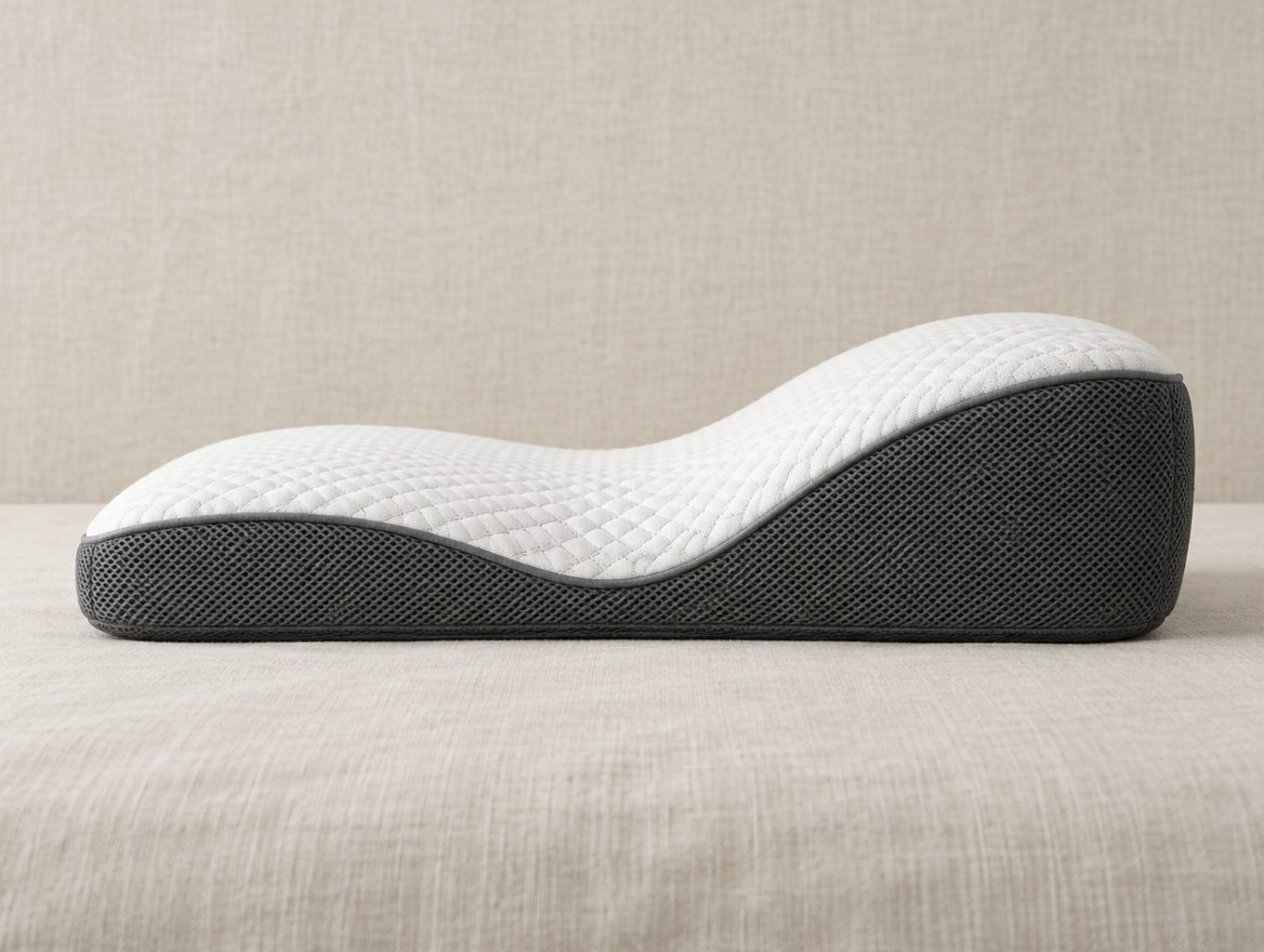 Side profile of the Somnivara Contour Pillow showing the central cradle and the two raised edges of different heights