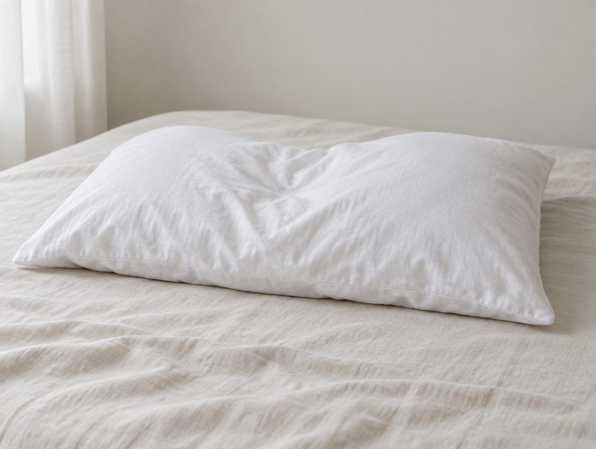 A conventional flat white pillow, compressed in the middle, on a plain bed