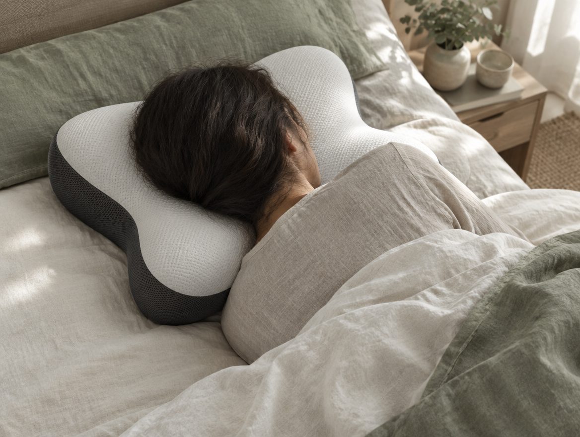 A person resting on their side with their head on the Contour Pillow, neutral bedding, soft light