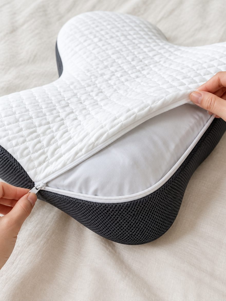 The quilted outer cover of the Contour Pillow partly unzipped
