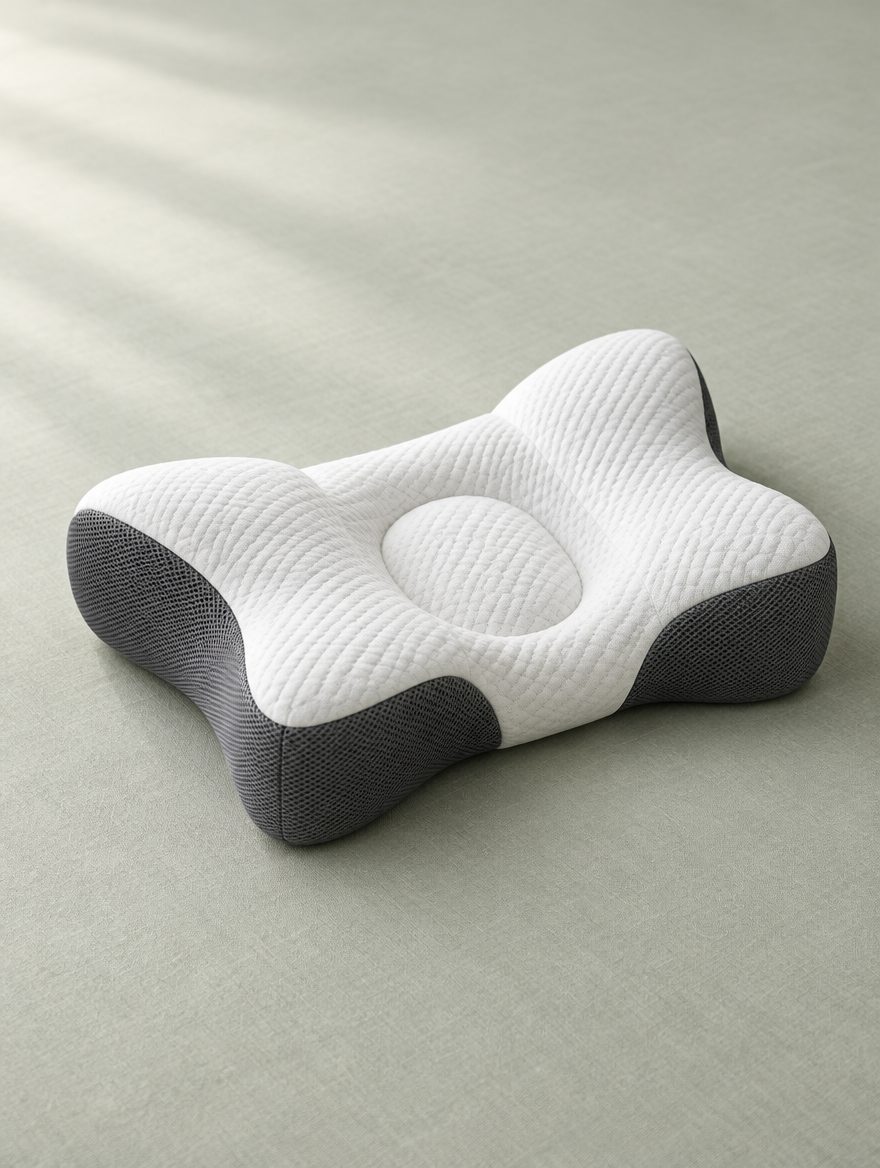 Angled view of the Contour Pillow's butterfly shape and central cradle