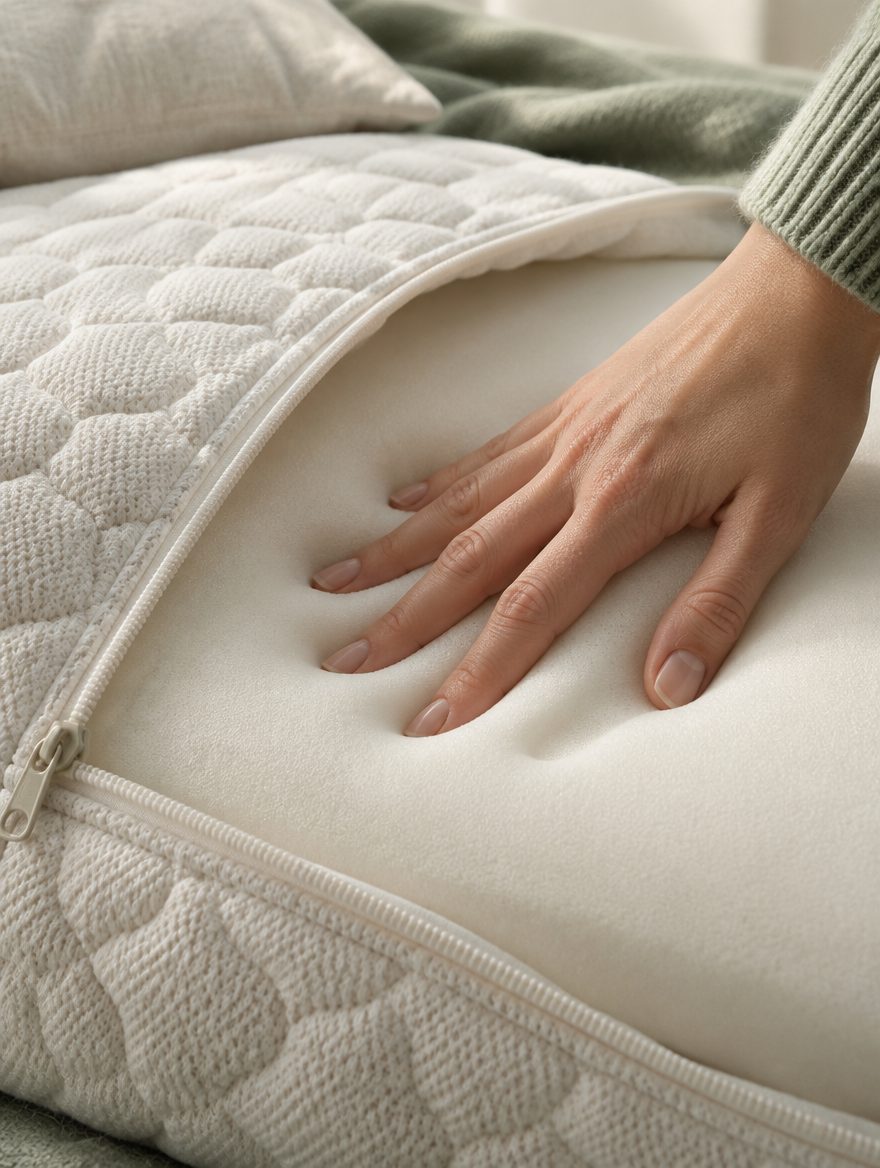 Close-up of a hand pressing into memory foam, showing the slow rebound