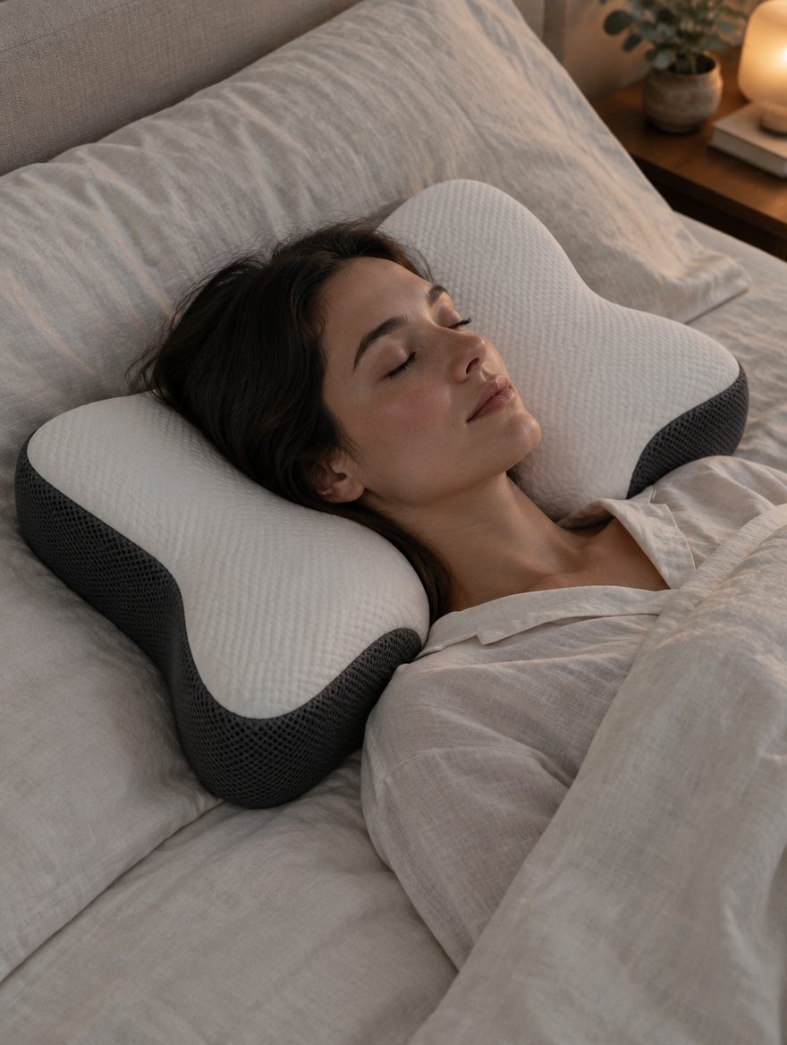 A person lying on their back with their head resting in the pillow's cradle